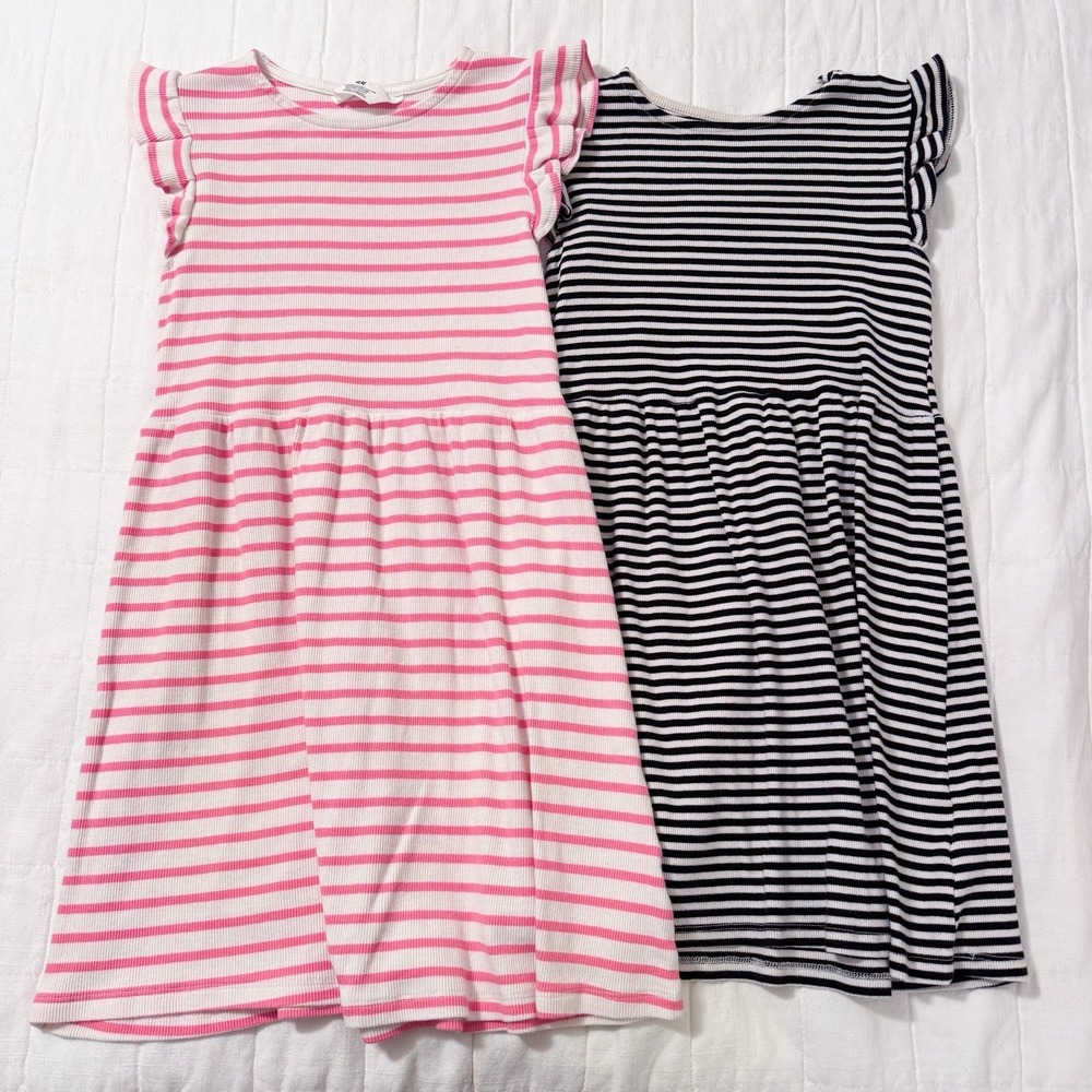 H&M Girls Dress 8-10Y Medium Ribbed Striped Cotton Ruffle Cap Sleeve Lot Of 2